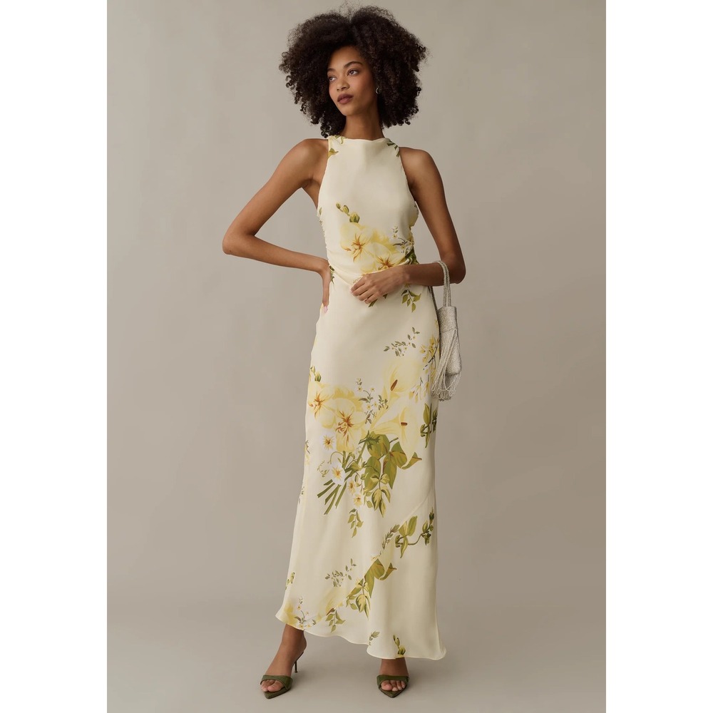 O.P.T Arabella Halter Maxi Dress Cream Yellow Open Back Crisscross Viscose